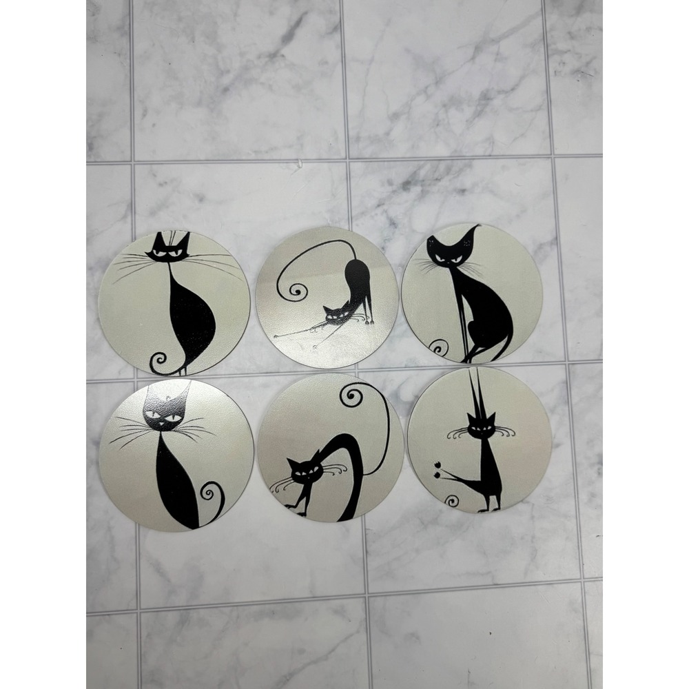Mid Century Modern Style Black Cat Wooden Coaster Set of 6 Round Retro NWT